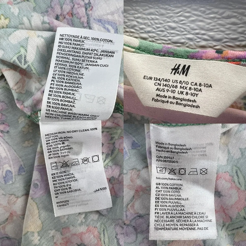 H&M Girls Floral Butterfly Print Dress Size 8-10Y Green‎ Spring Summer Cotton